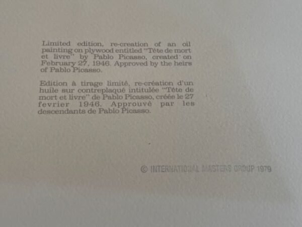 Printed authentication text in English and French on Picasso lithograph
