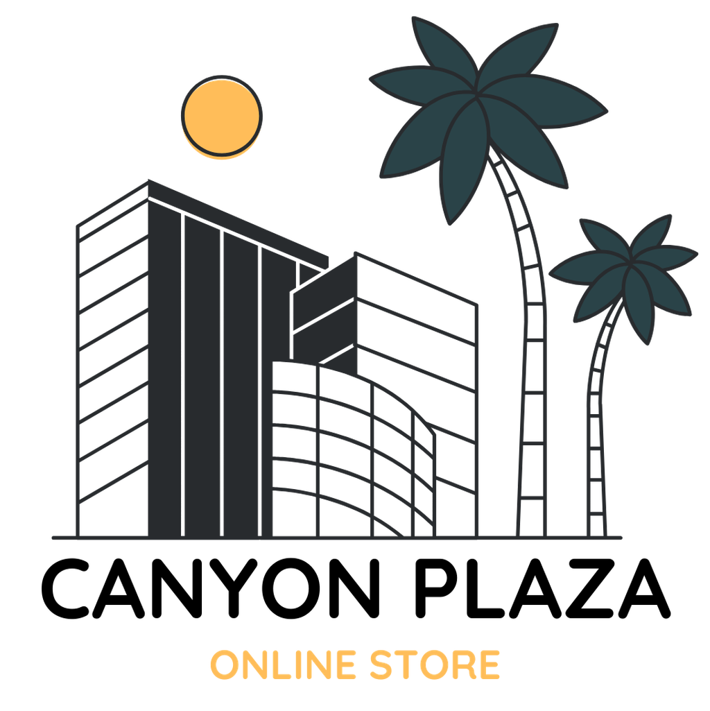 Canyon Plaza online store logo with modern building and palm trees